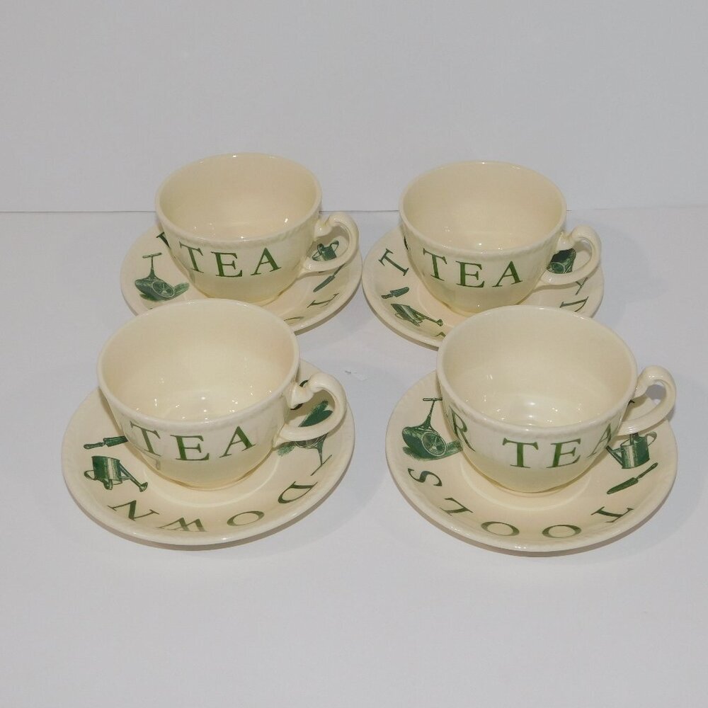 Set 4 Wood & Sons The Kitchen Garden Teacup Saucer Green Tools Down Time for Tea
